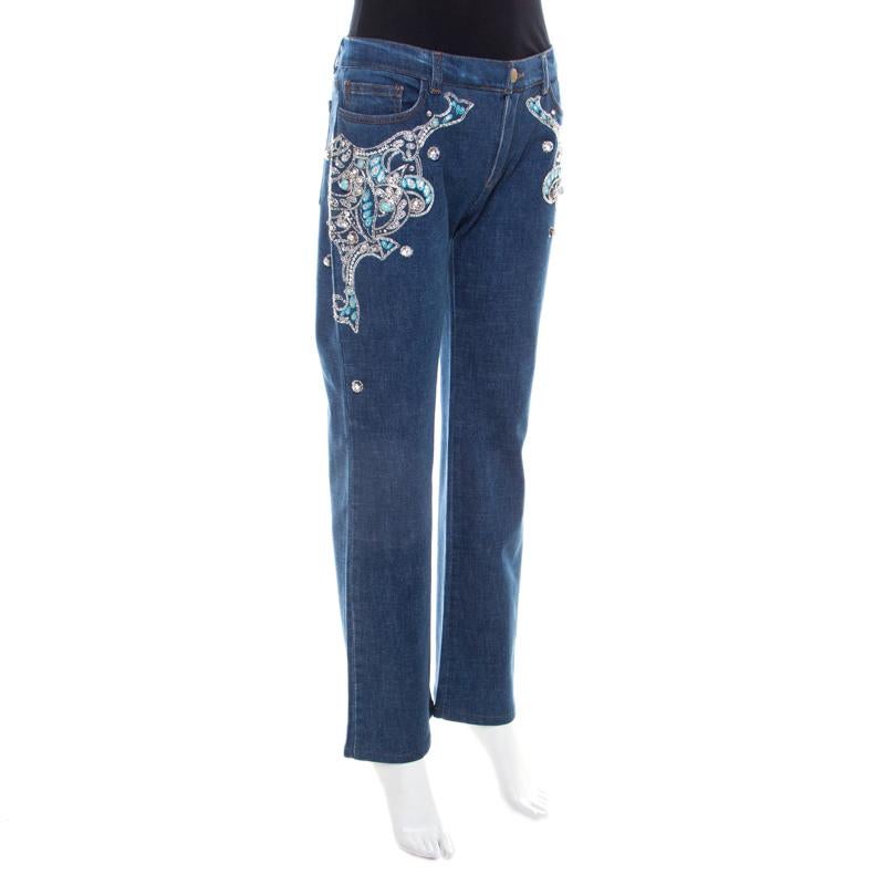 Roberto Cavalli Blaue kristallverzierte Denim-Jeans mit weitem Bein L im Zustand „Hervorragend“ im Angebot in Dubai, Al Qouz 2