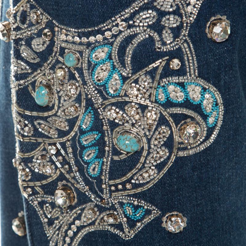 Roberto Cavalli - Jean à jambes larges en jean bleu orné de cristaux L Excellent état - En vente à Dubai, Al Qouz 2