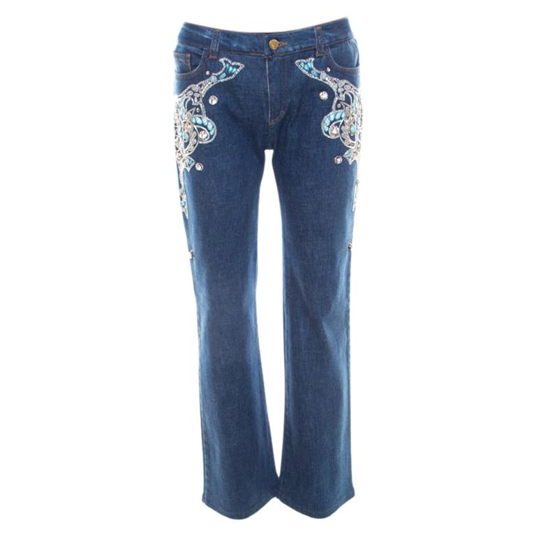 Roberto Cavalli Blaue kristallverzierte Denim-Jeans mit weitem Bein L