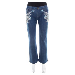 Roberto Cavalli Blue Crystal Embellished Denim Wide Leg Jeans L