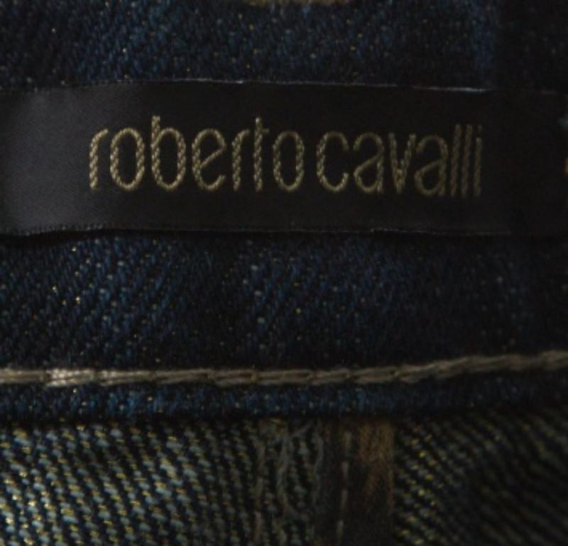 Roberto Cavalli Blau Dunkel gewaschene Jeans aus Denim mit Gold Lurex-Detail und Stiefelschliff M im Angebot 1