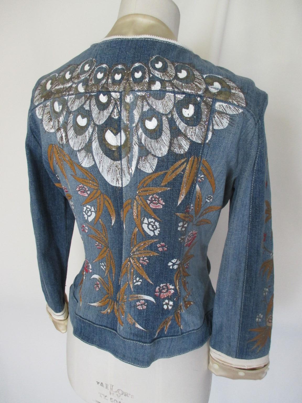 Gray Roberto Cavalli  Blue Denim Embroidered Jacket  For Sale