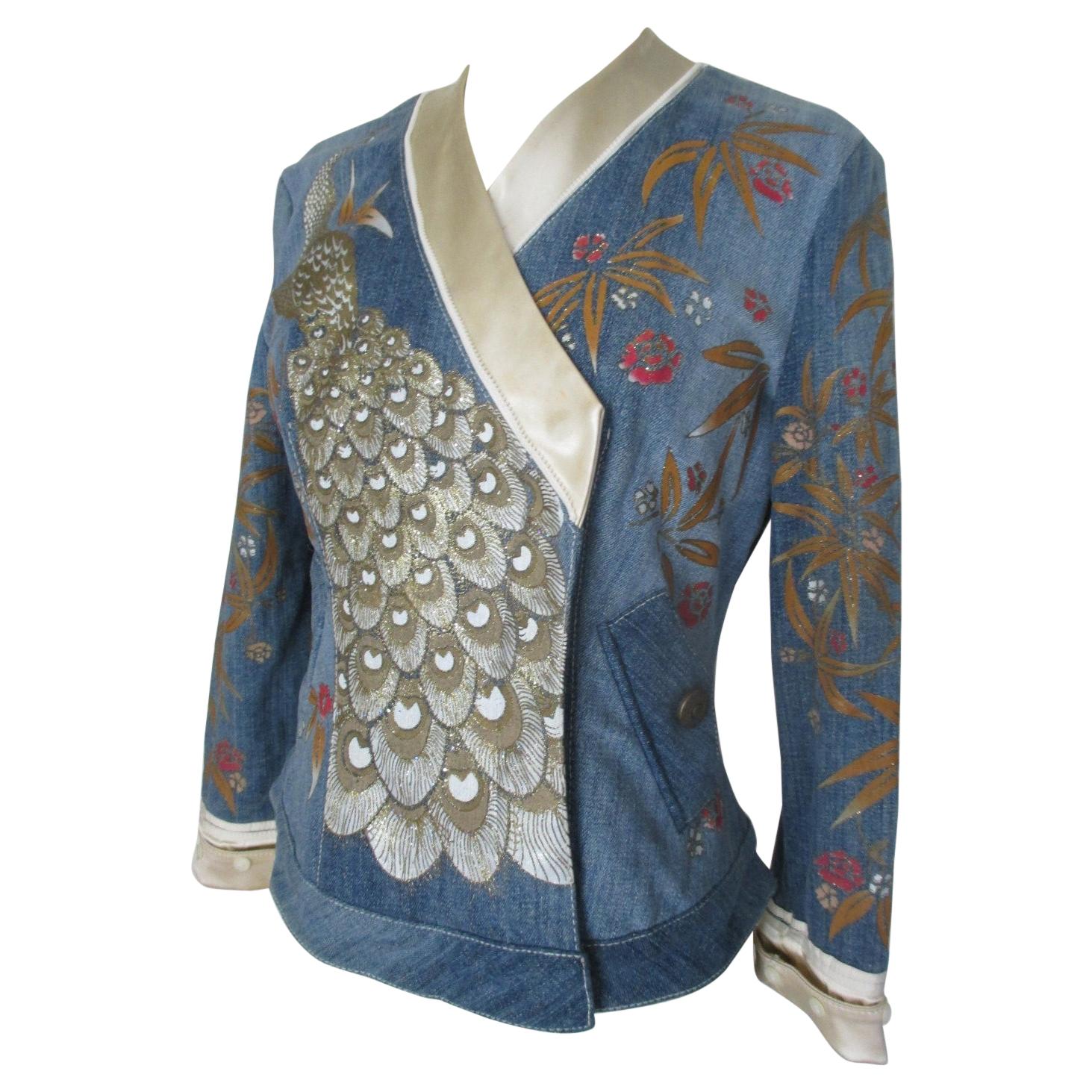 Roberto Cavalli  Blue Denim Embroidered Jacket For Sale
