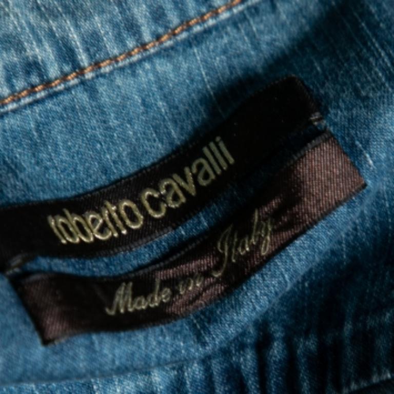 Roberto Cavalli Bleu Denim Chemise à manches longues avec détails en dentelle S Pour femmes en vente