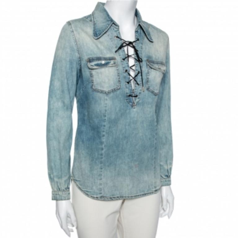 Roberto Cavalli Bleu Denim Chemise à manches longues avec détails en dentelle S en vente 1