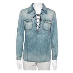 Roberto Cavalli Blue Denim Lace-Up Detail Long Sleeve Shirt S