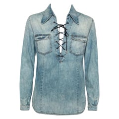 Roberto Cavalli Blue Denim Lace-Up Detail Long Sleeve Shirt S