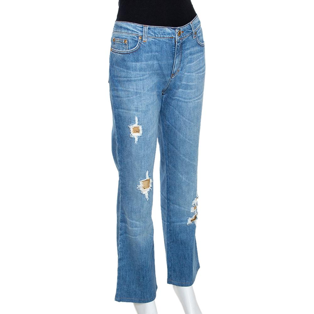 Roberto Cavalli Blaue Jeans aus Denim im Used-Look mit Patchmuster M im Zustand „Gut“ im Angebot in Dubai, Al Qouz 2