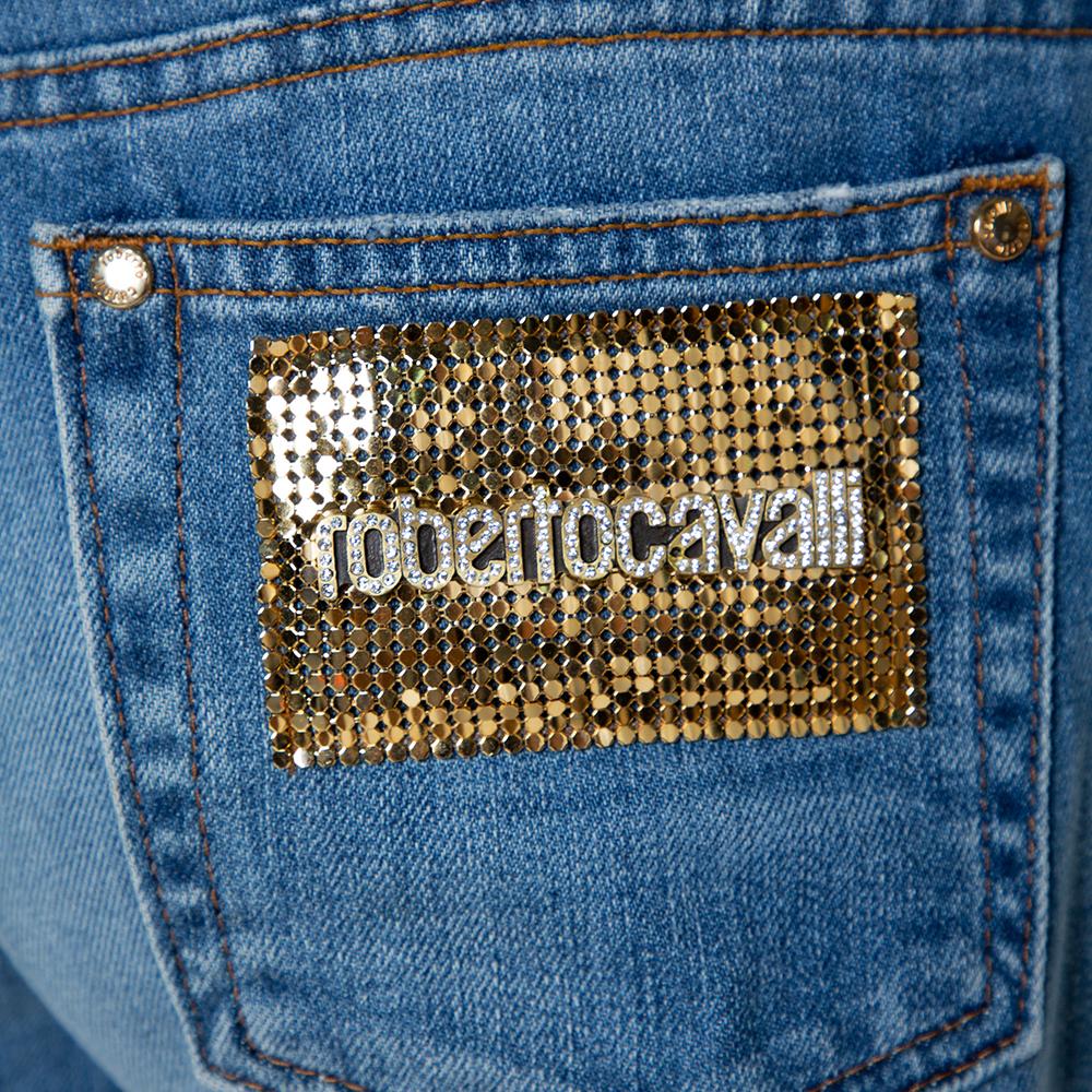 Roberto Cavalli Blue Distressed Denim Embellished Patch Jeans M In Good Condition For Sale In Dubai, Al Qouz 2