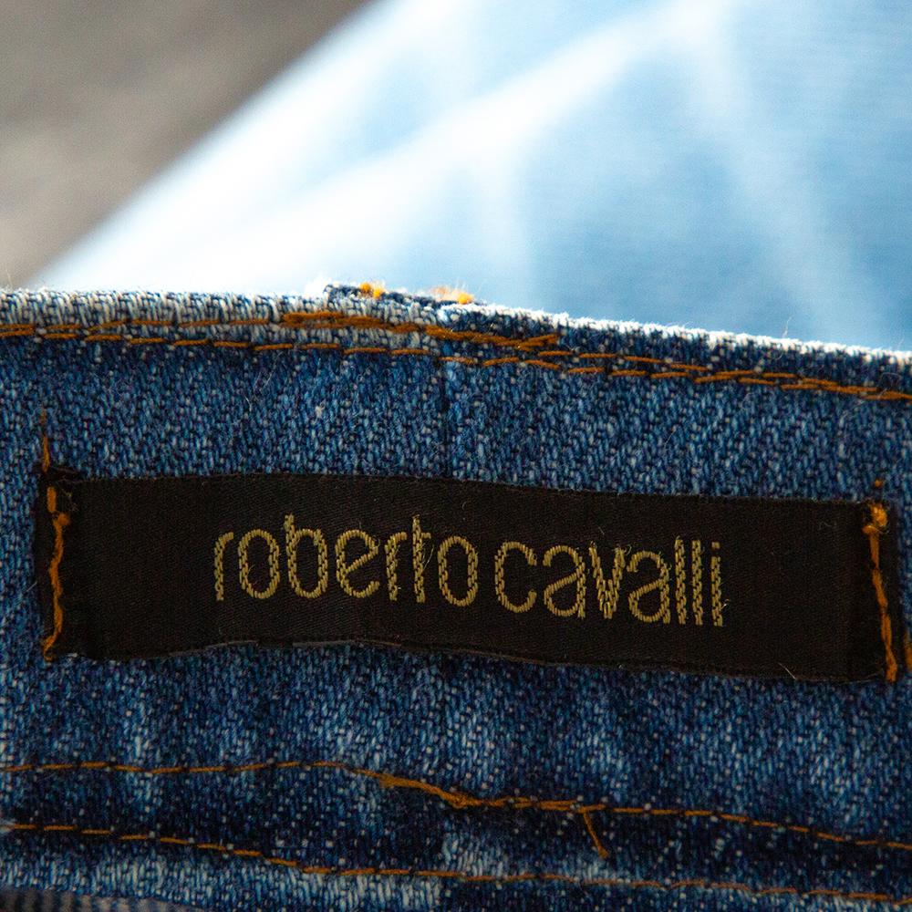Roberto Cavalli Blue Distressed Denim Embellished Patch Jeans M For Sale 2