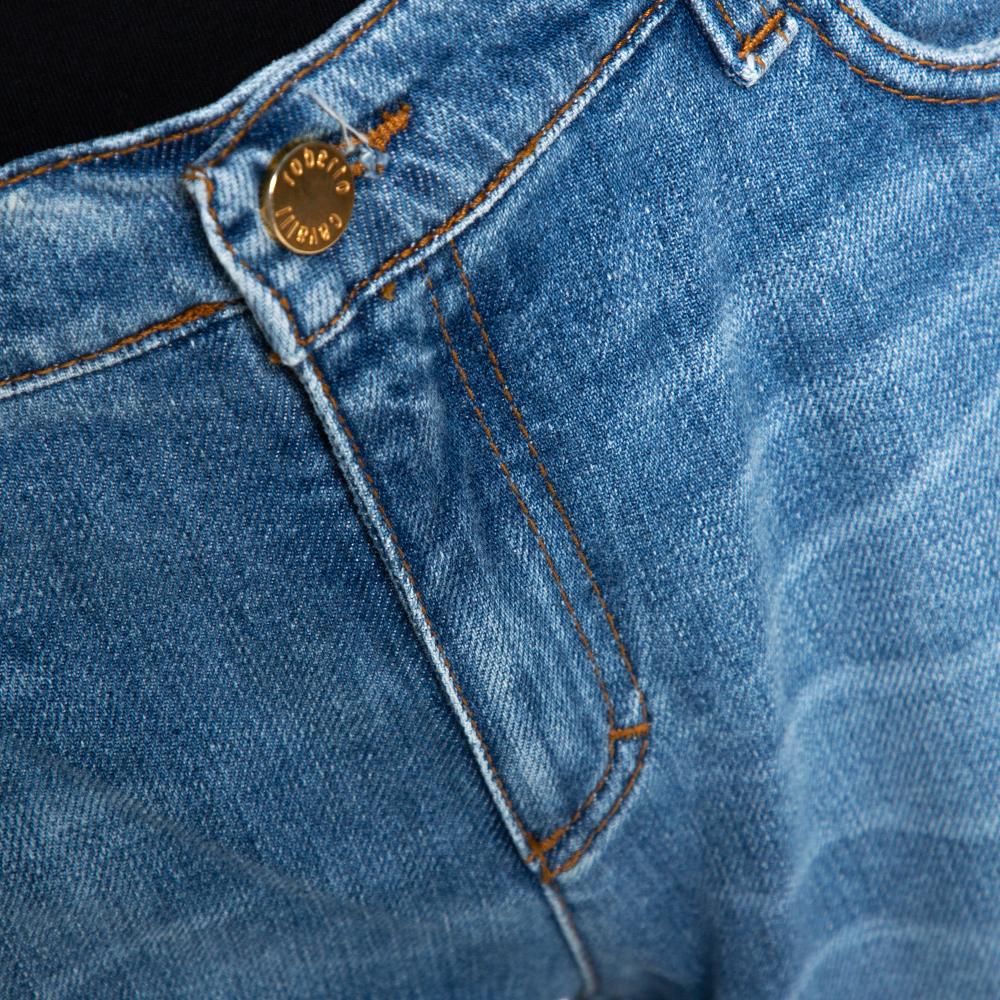 Roberto Cavalli Blue Distressed Denim Embellished Patch Jeans M For Sale 3