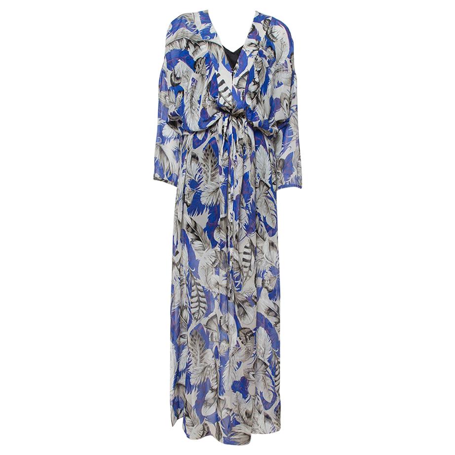 Roberto Cavalli Blue Feather Print Silk Maxi Kaftan M