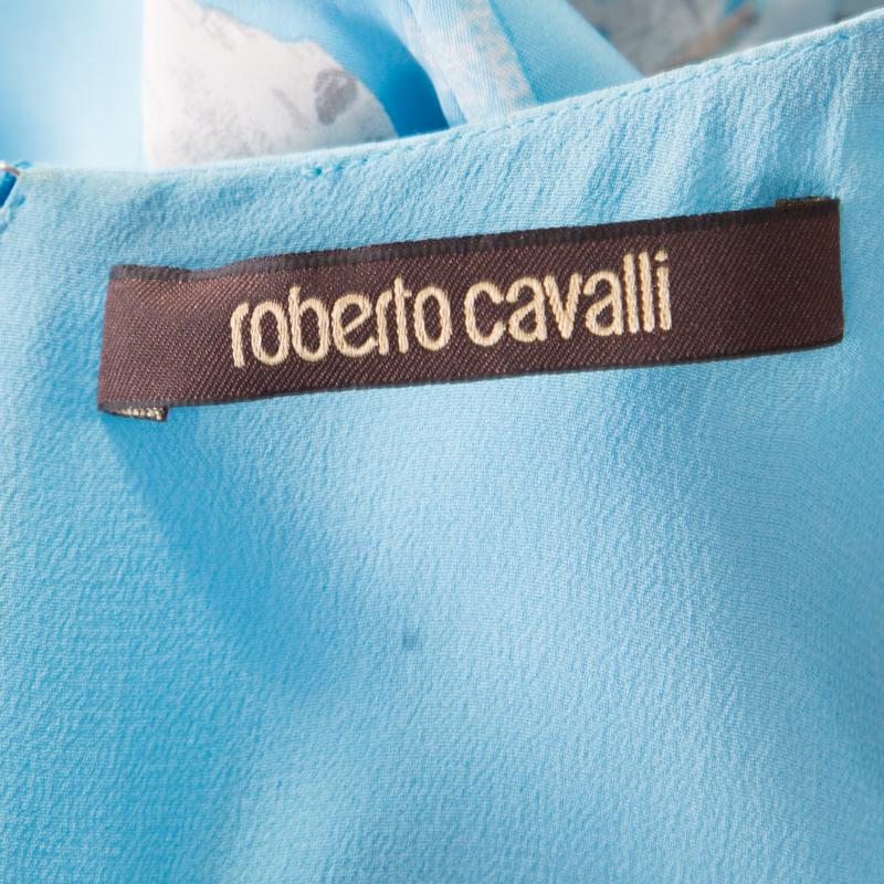 Roberto Cavalli Blaues, geblümt bedrucktes, ärmelloses, ausgestelltes, ausgestelltes Satinkleid S Damen im Angebot