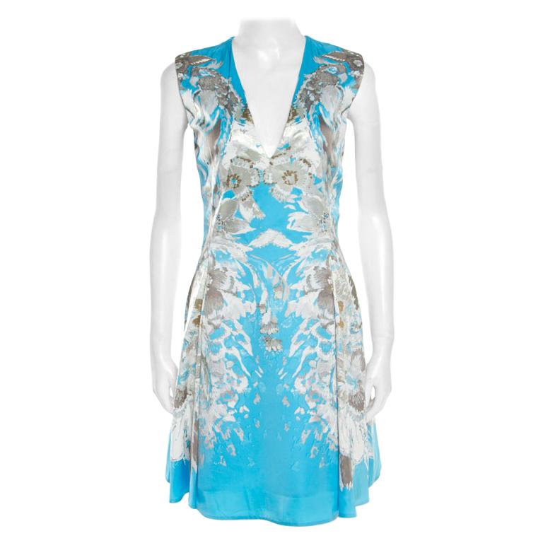 Roberto Cavalli Blue Floral Printed Satin Sleeveless Flared Dress S