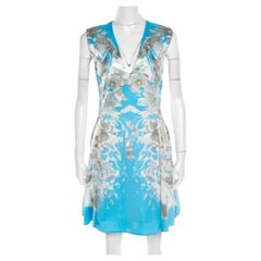 Roberto Cavalli Blue Floral Printed Satin Sleeveless Flared Dress S
