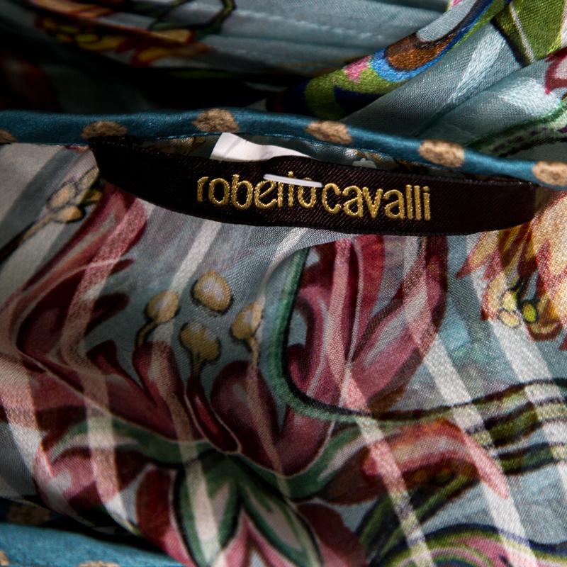 Roberto Cavalli Blue Floral Printed Silk Ruffled Feather Tie Detail Blouse M In Good Condition For Sale In Dubai, Al Qouz 2