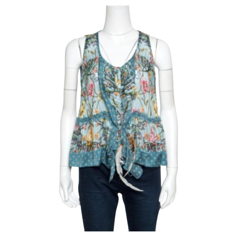 Chemisier Roberto Cavalli en soie bleu à imprimé floral et à volants avec nœud papillon M en vente