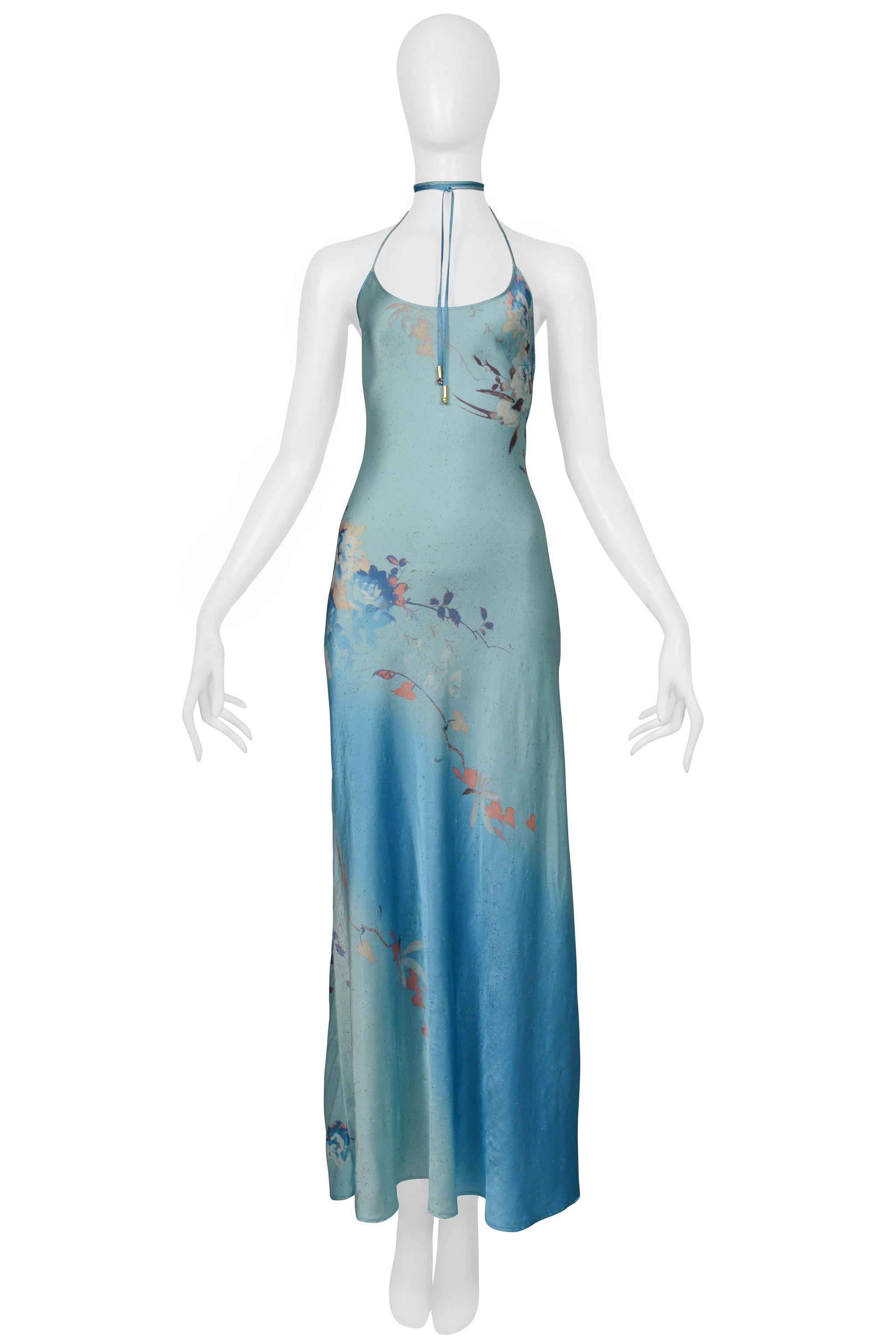 Roberto Cavalli Blue Floral Satin Slip Dress With Gold Flecks 1999 In Excellent Condition In Los Angeles, CA