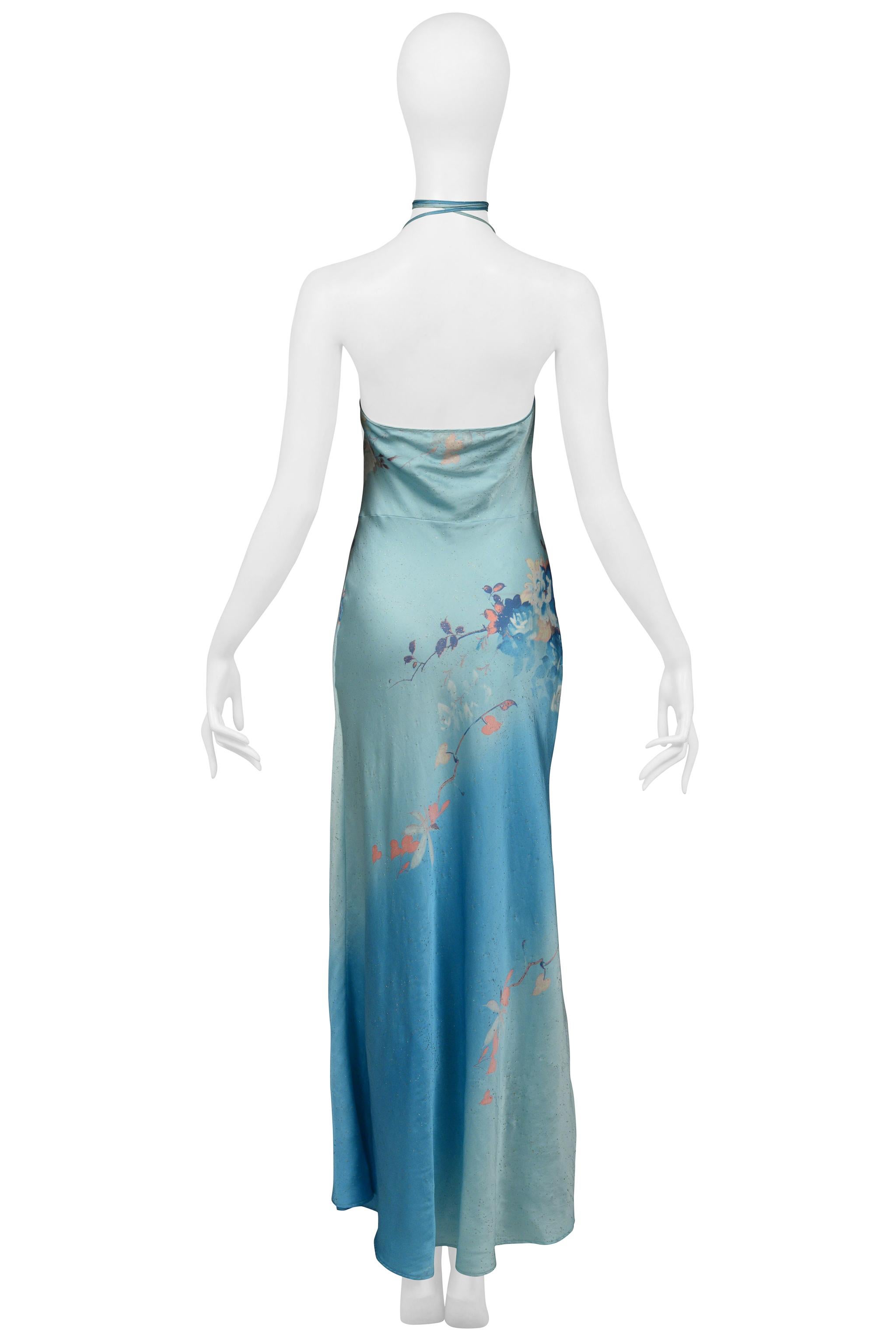 Roberto Cavalli Blue Floral Satin Slip Dress With Gold Flecks 1999 1