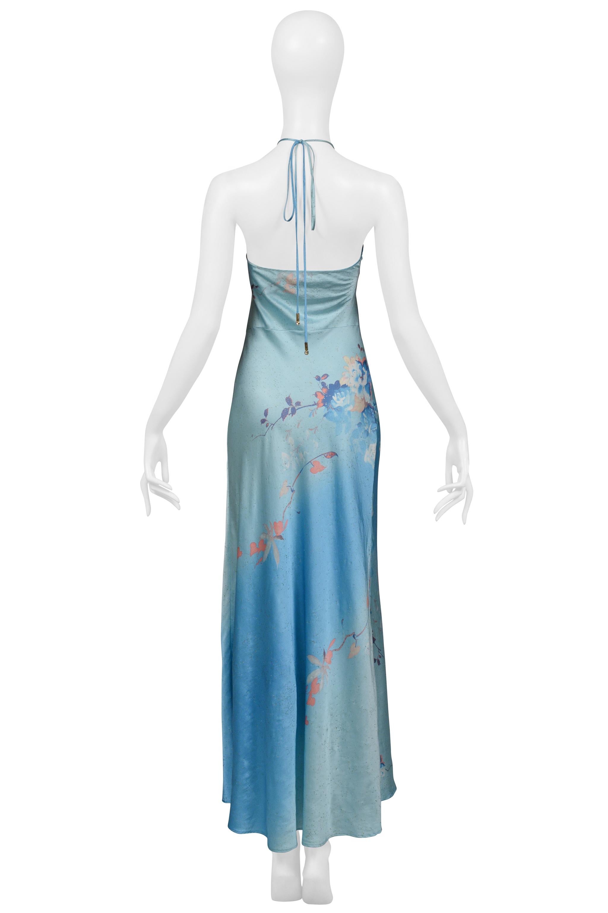 Roberto Cavalli Blue Floral Satin Slip Dress With Gold Flecks 1999 3