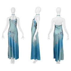 Roberto Cavalli Blue Floral Satin Slip Dress With Gold Flecks 1999