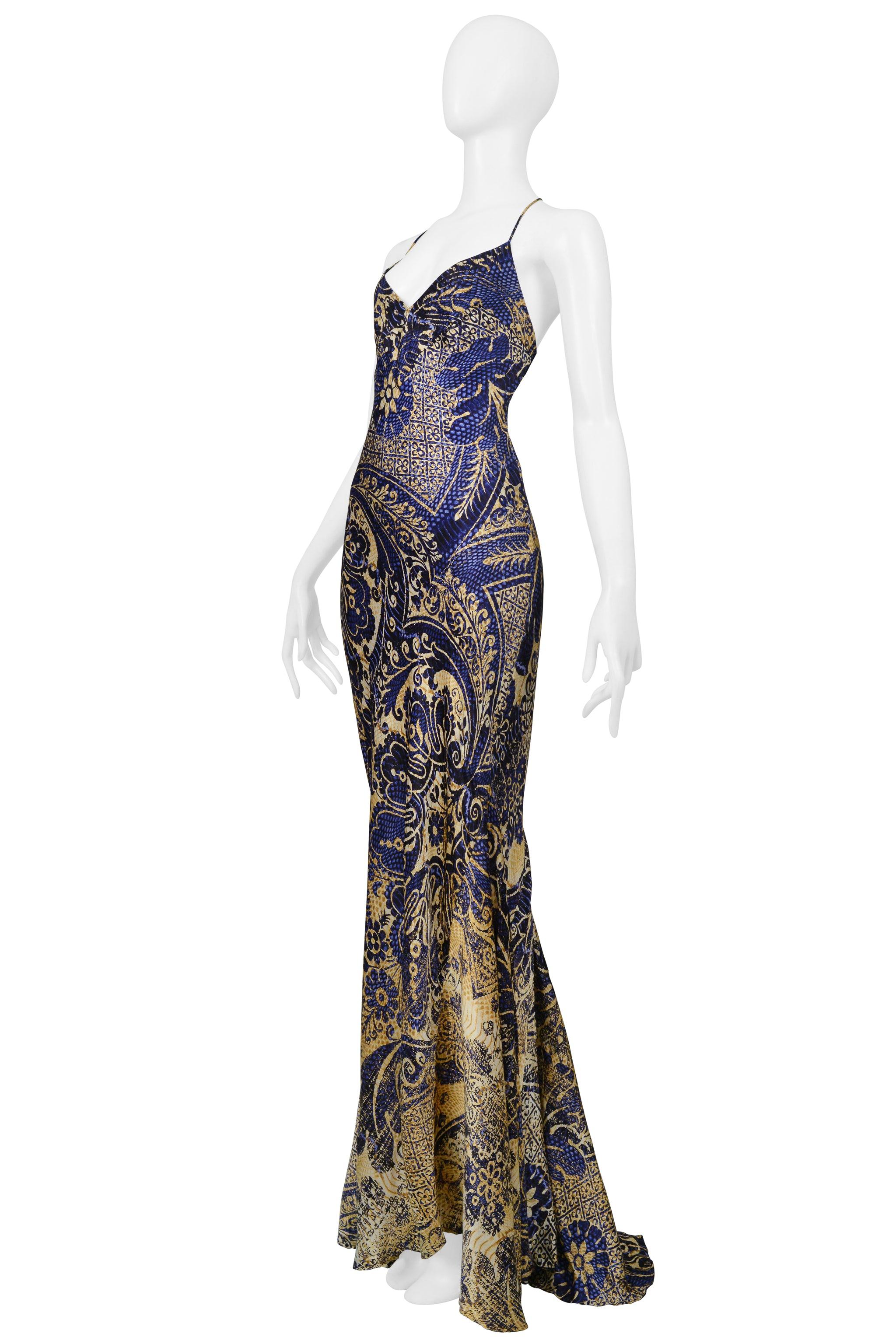 Roberto Cavalli Vestido de sirena azul y dorado con estampado batik 2005 Negro
