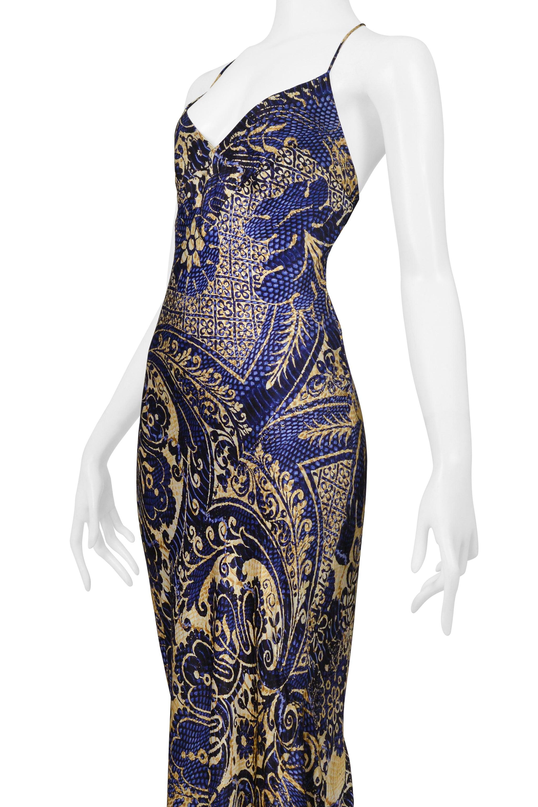 Roberto Cavalli Vestido de sirena azul y dorado con estampado batik 2005 en Excelente Estado en Los Angeles, CA