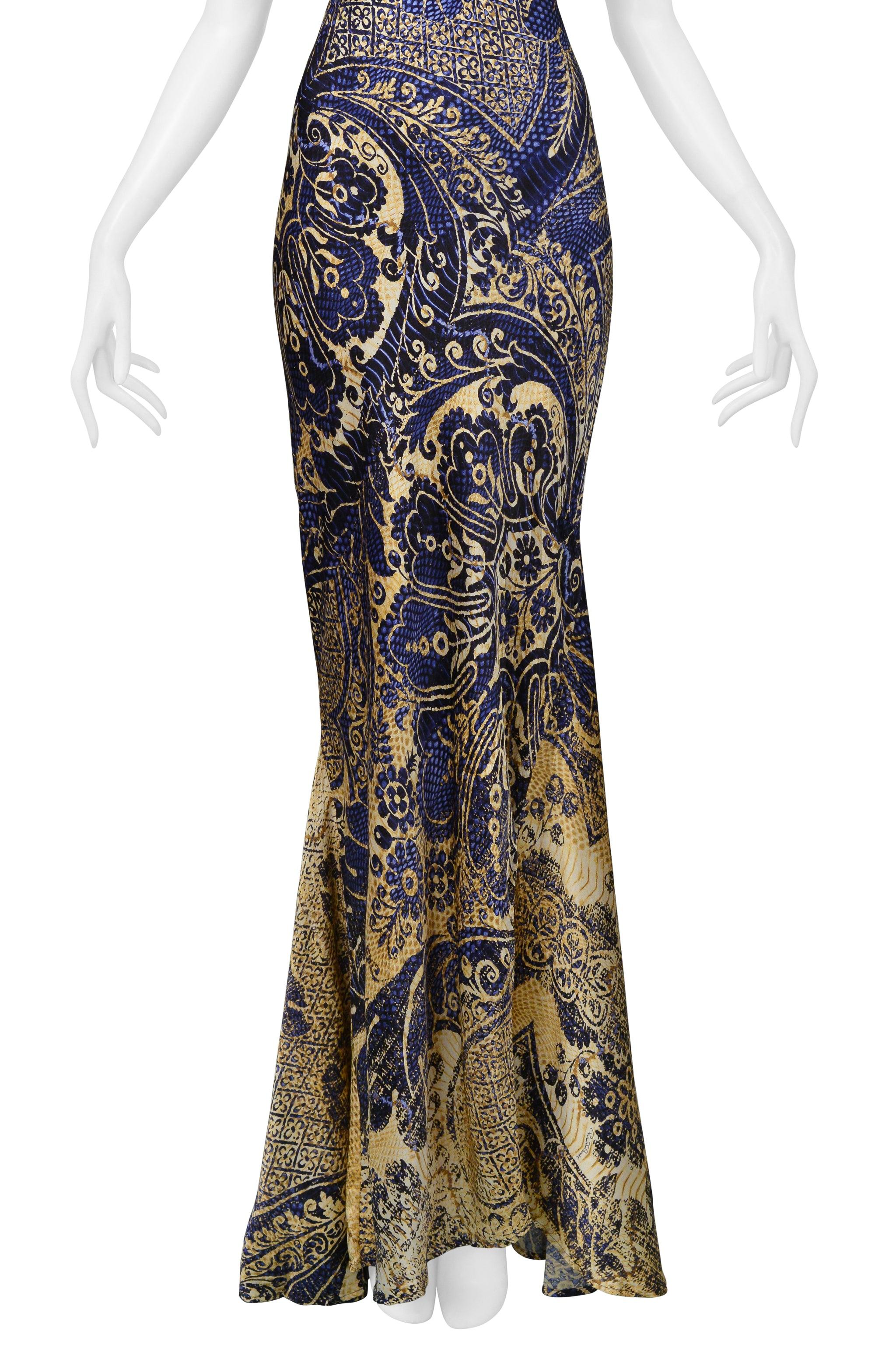 De las mujeres Roberto Cavalli Vestido de sirena azul y dorado con estampado batik 2005