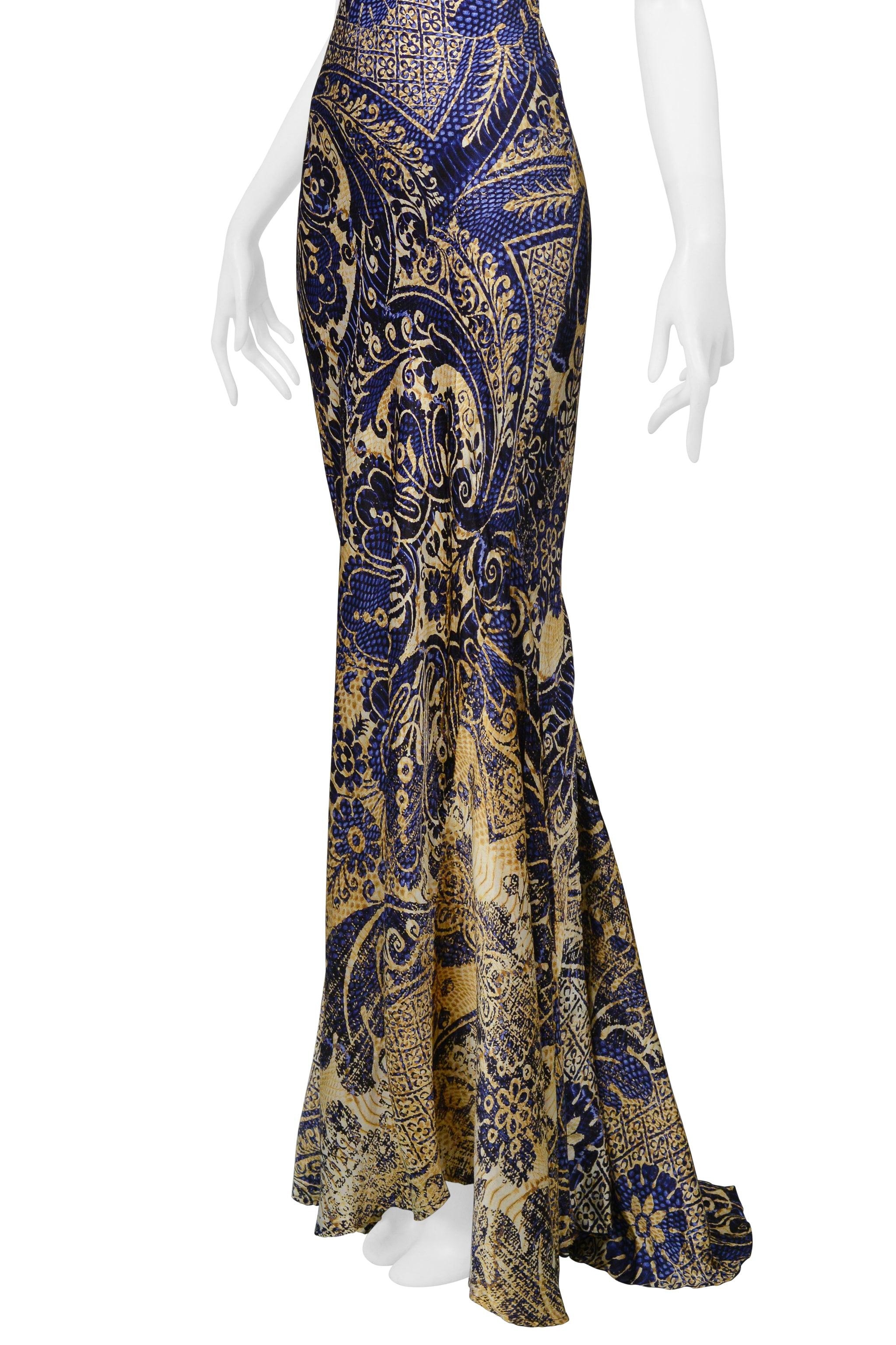 Roberto Cavalli Vestido de sirena azul y dorado con estampado batik 2005 1