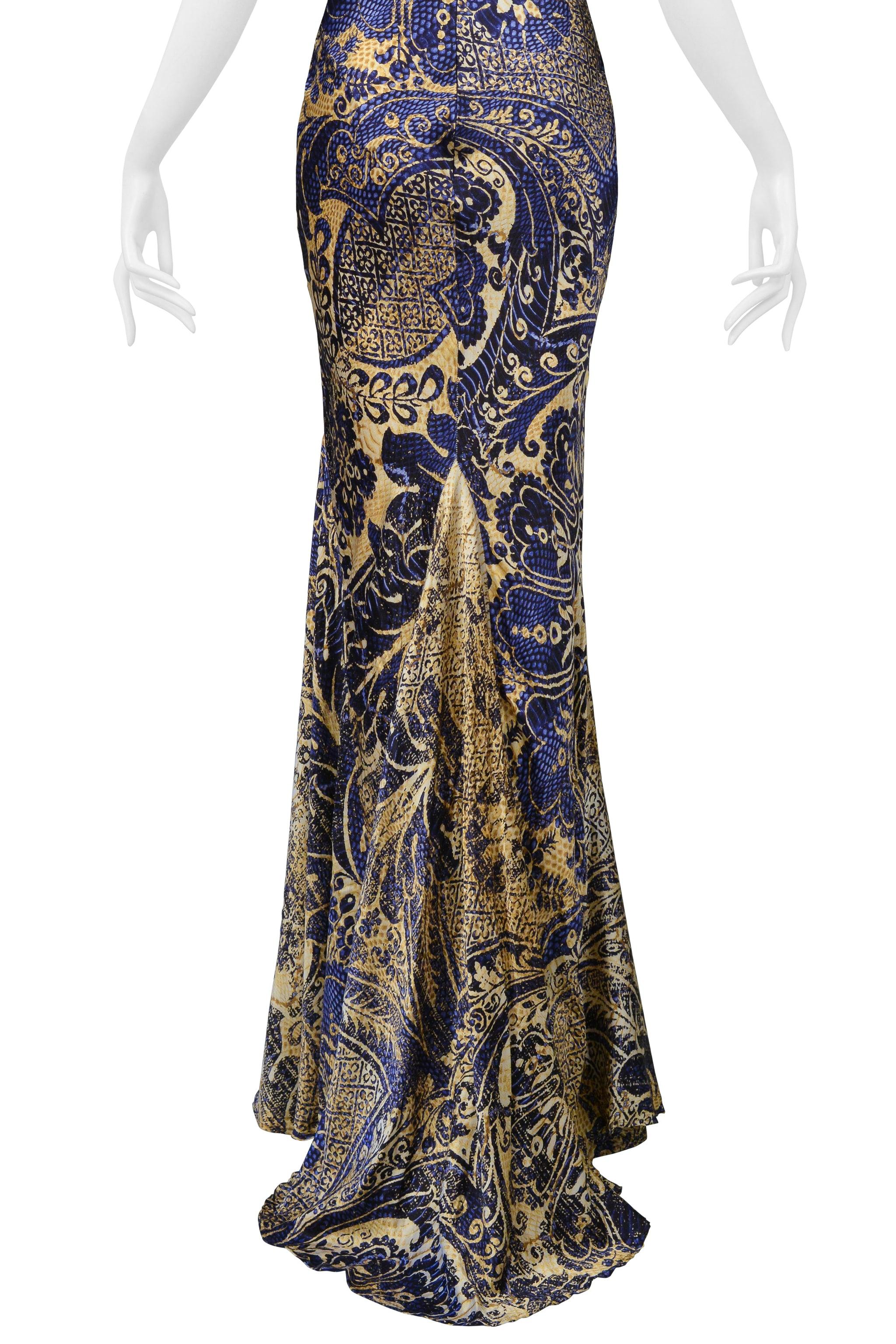 Roberto Cavalli Vestido de sirena azul y dorado con estampado batik 2005 2