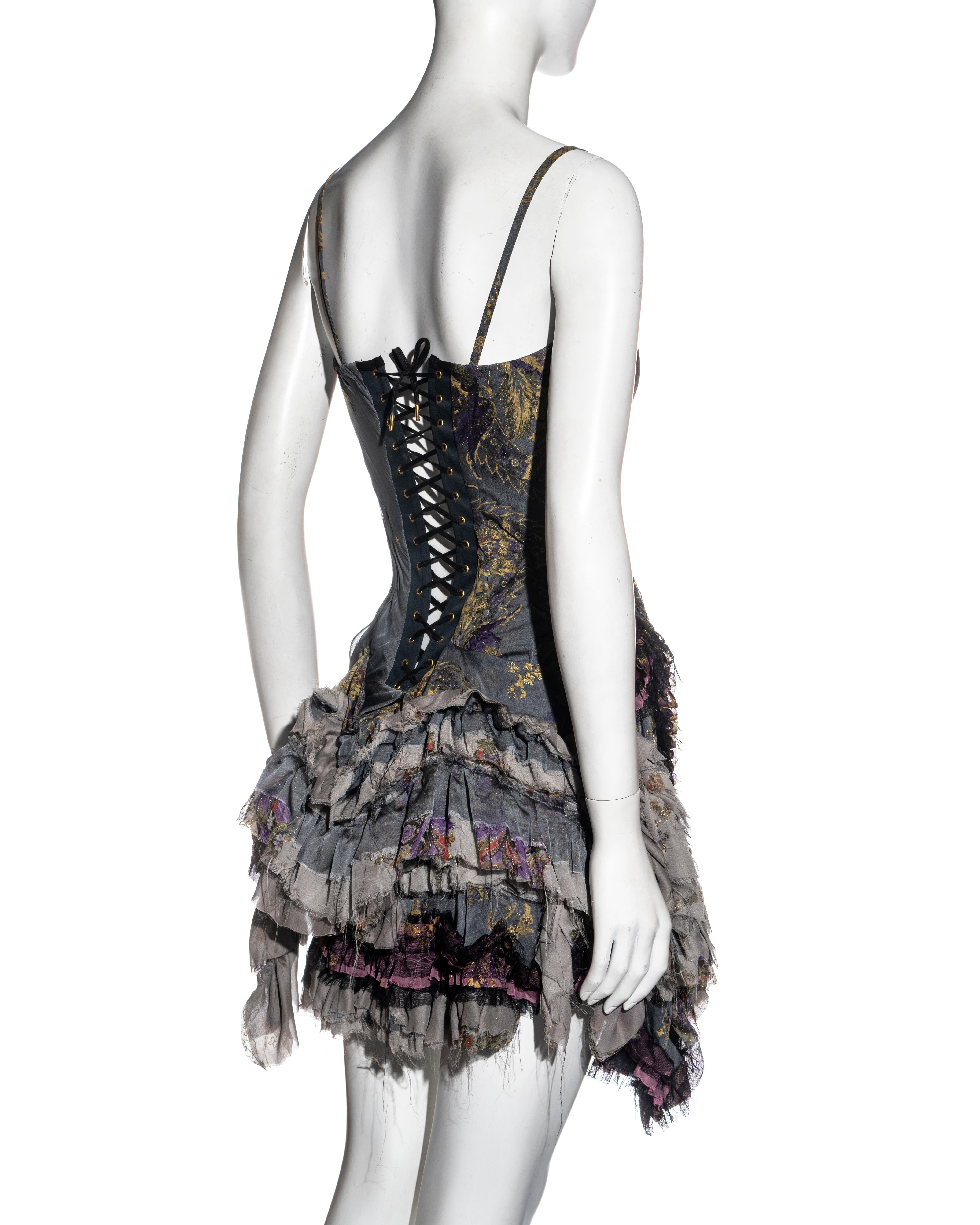 Roberto Cavalli blue-grey and gold brocade-print silk corset mini dress, fw 2004 For Sale 4