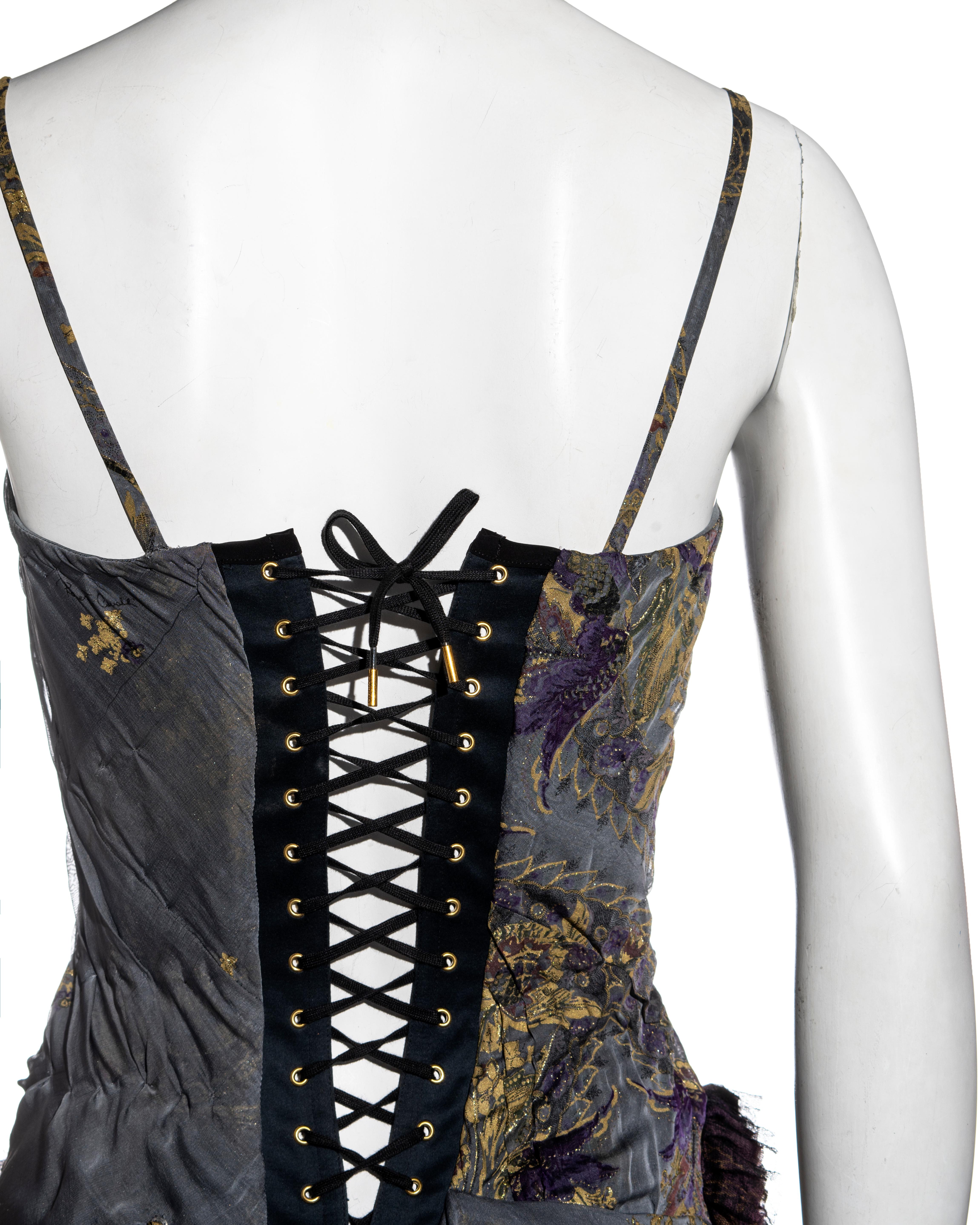 Roberto Cavalli blue-grey and gold brocade-print silk corset mini dress, fw 2004 For Sale 5