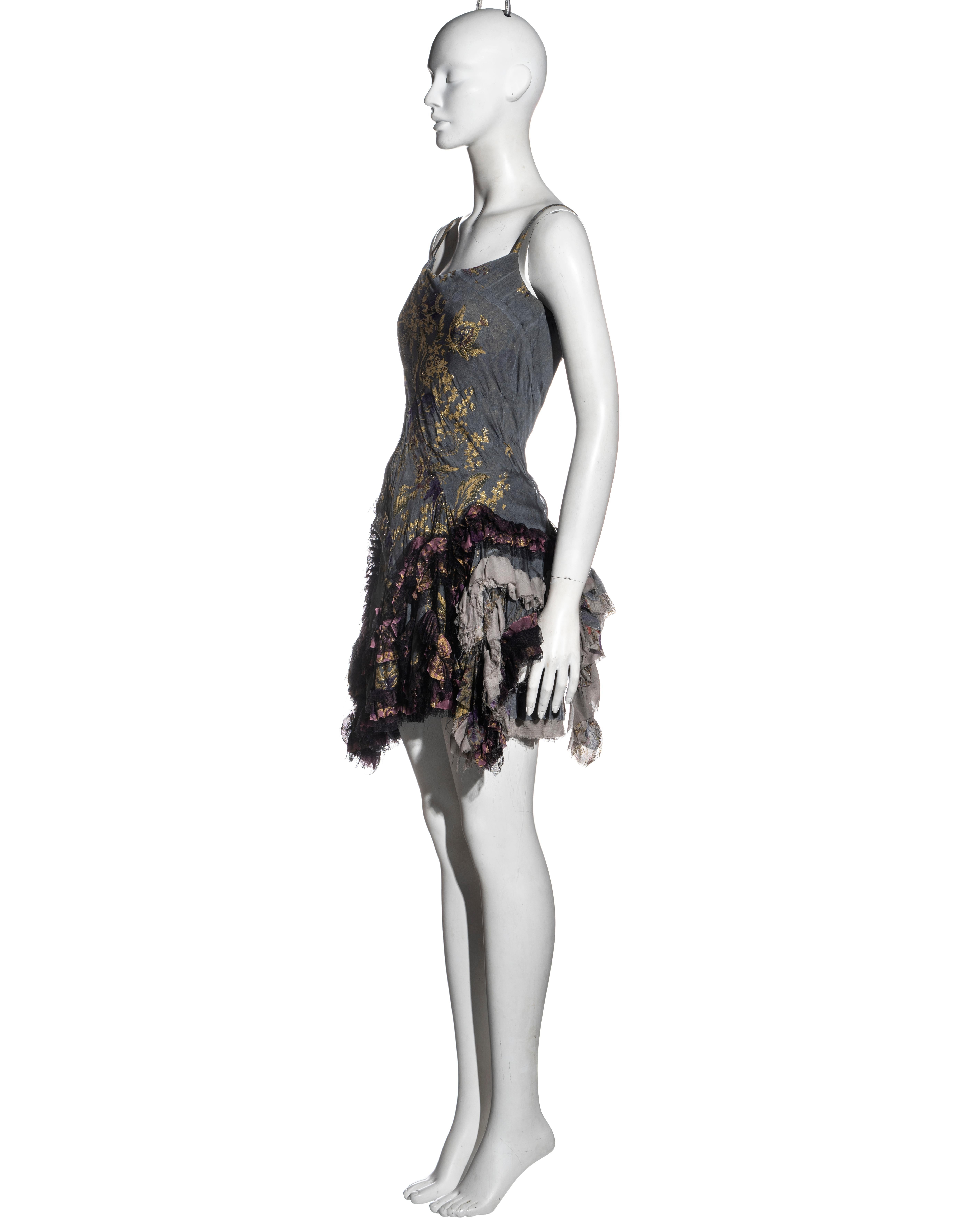 Roberto Cavalli blue-grey and gold brocade-print silk corset mini dress, fw 2004 In Excellent Condition For Sale In London, GB