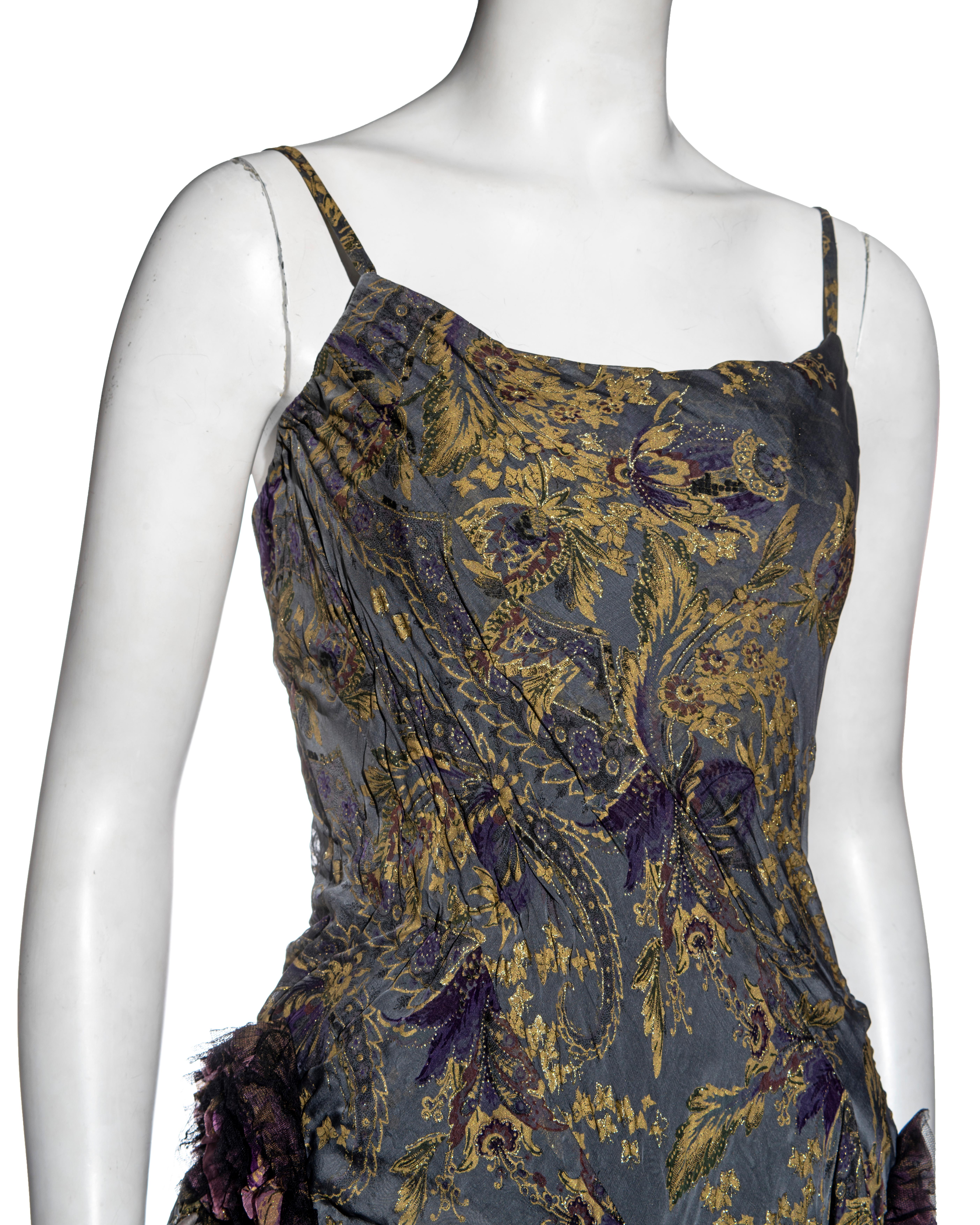 Roberto Cavalli blue-grey and gold brocade-print silk corset mini dress, fw 2004 For Sale 1