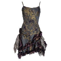 Roberto Cavalli blue-grey and gold brocade-print silk corset mini dress, fw 2004