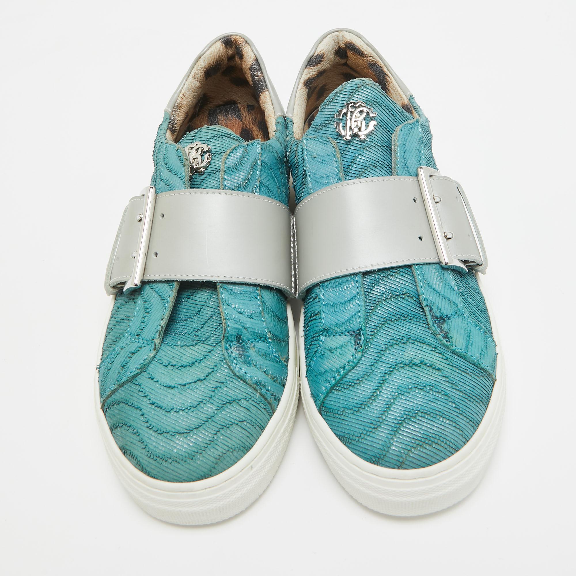 Gray Roberto Cavalli Blue/Grey Leather Buckle Sneakers 35 For Sale