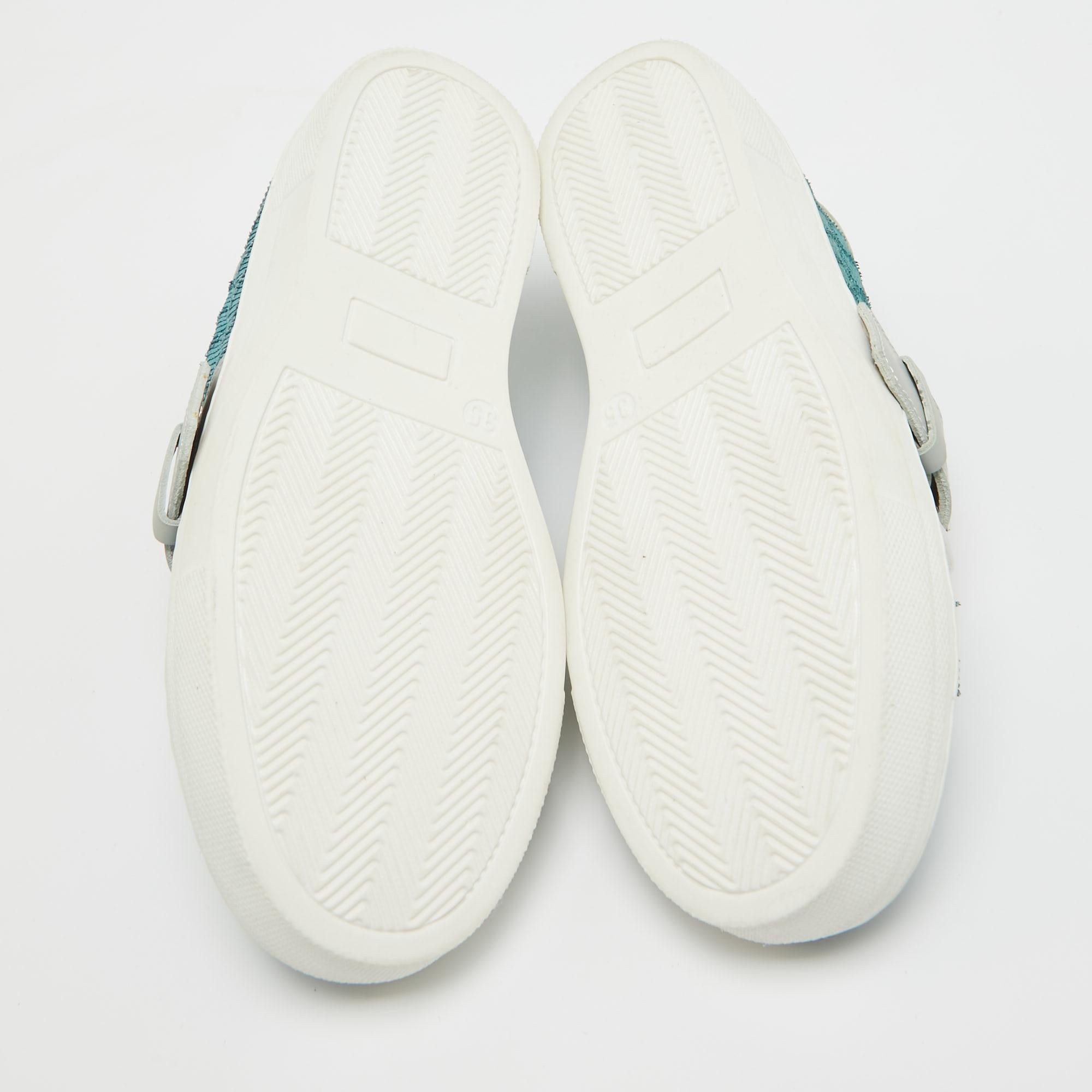 Roberto Cavalli Blue/Grey Leather Buckle Sneakers 35 For Sale 1