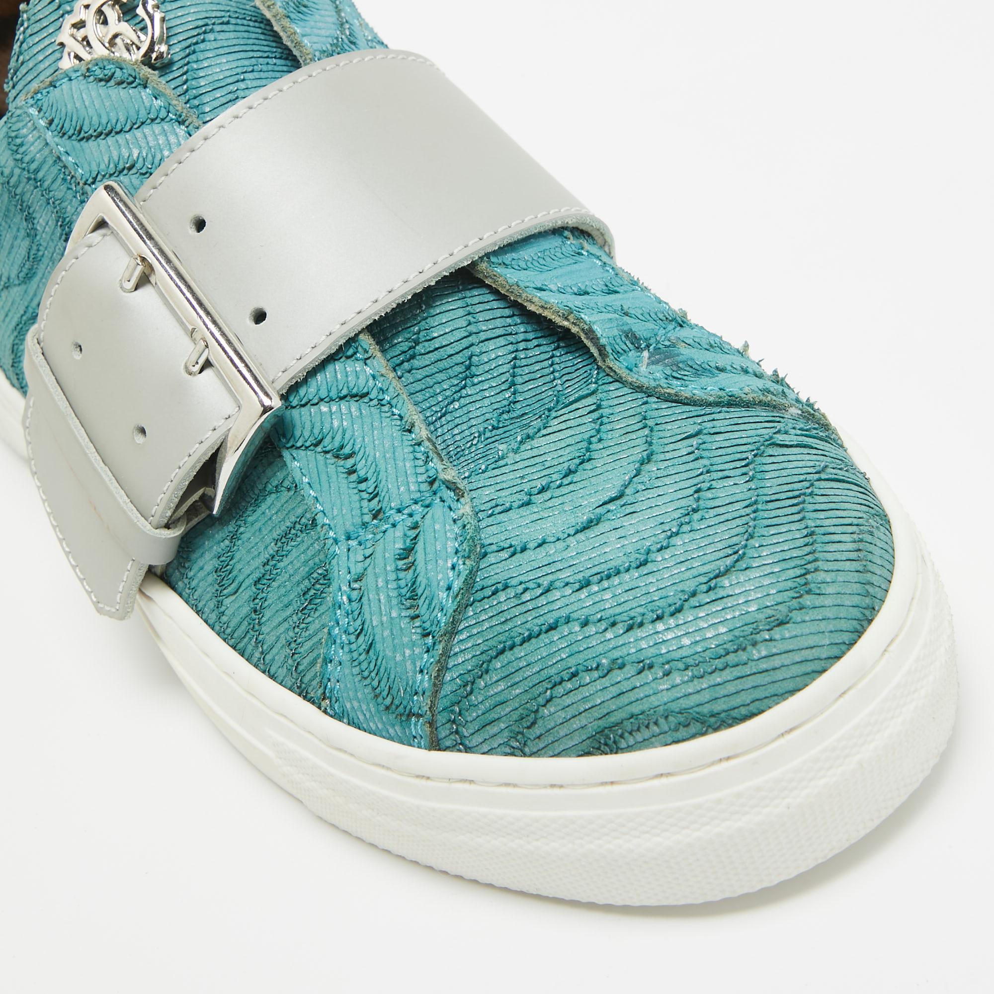 Roberto Cavalli Blue/Grey Leather Buckle Sneakers 35 For Sale 2