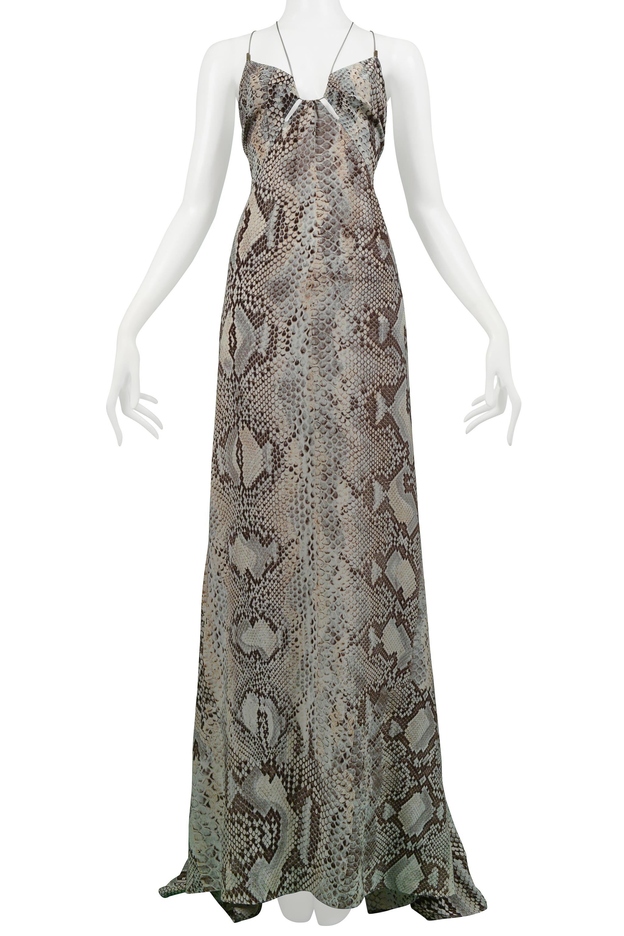 Roberto Cavalli Blue & Grey Snake Print Evening Gown With Silver Hardware 2011 In Excellent Condition For Sale In Los Angeles, CA