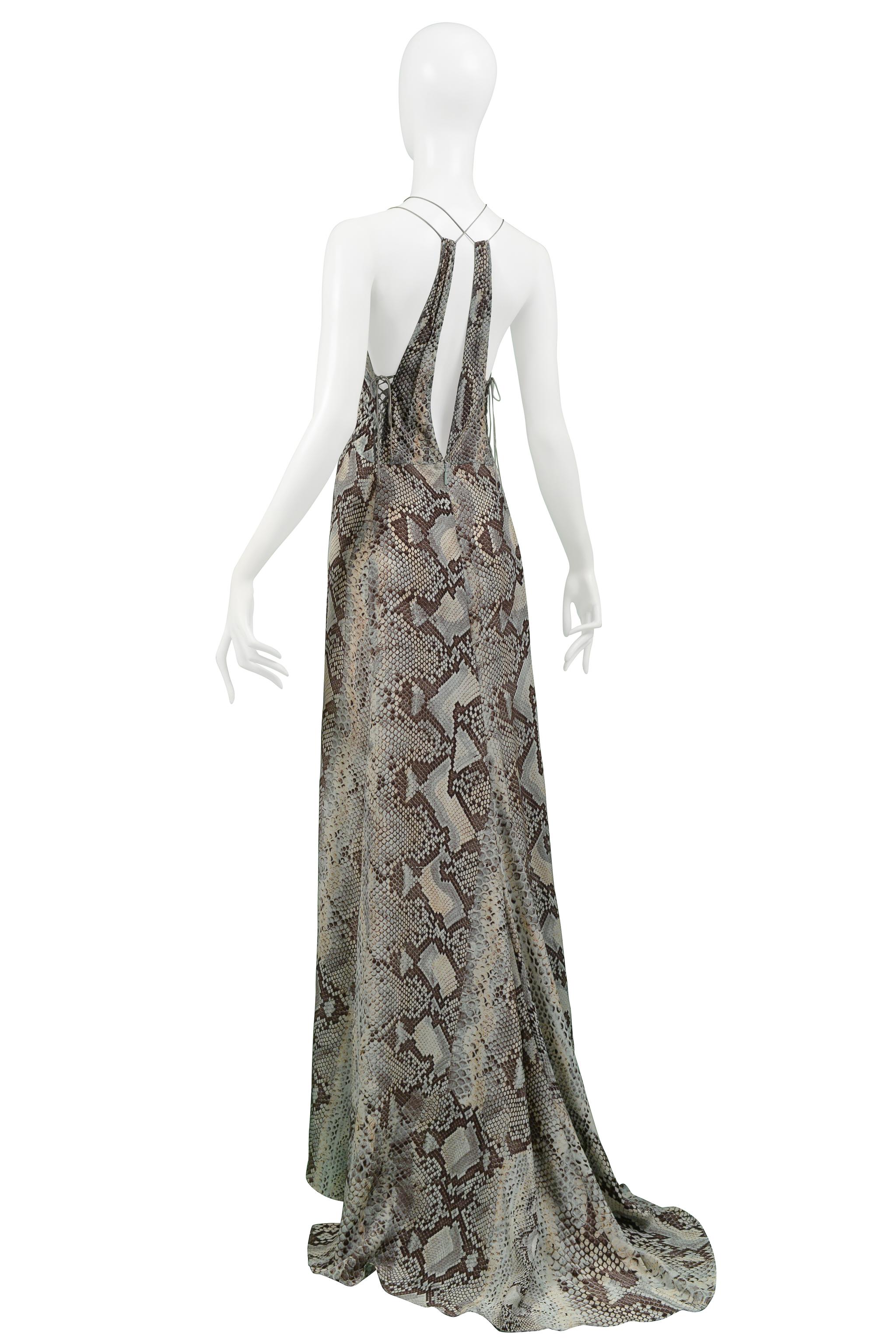 Roberto Cavalli Blue & Grey Snake Print Evening Gown With Silver Hardware 2011 For Sale 3