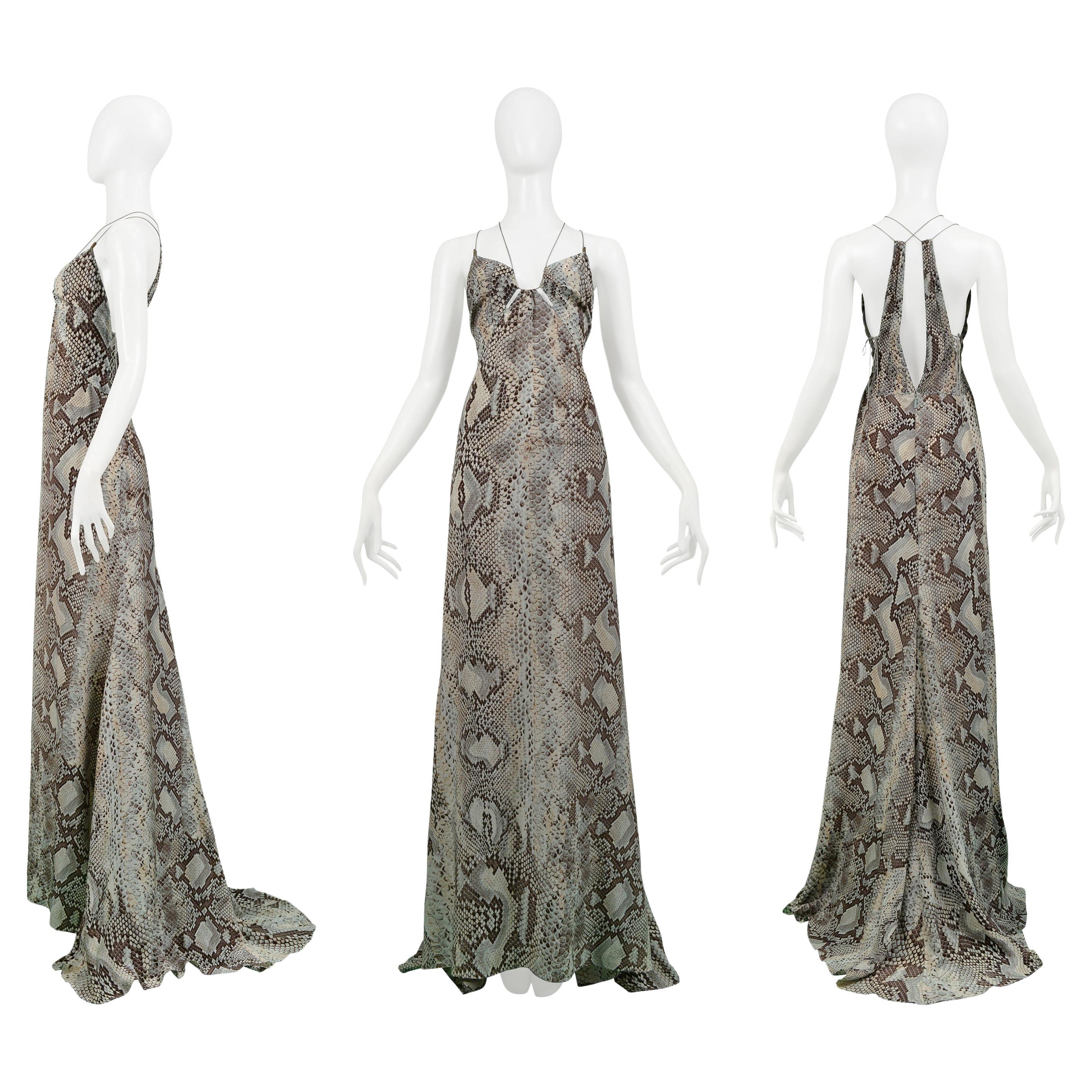 Roberto Cavalli Blue & Grey Snake Print Evening Gown With Silver Hardware 2011 For Sale