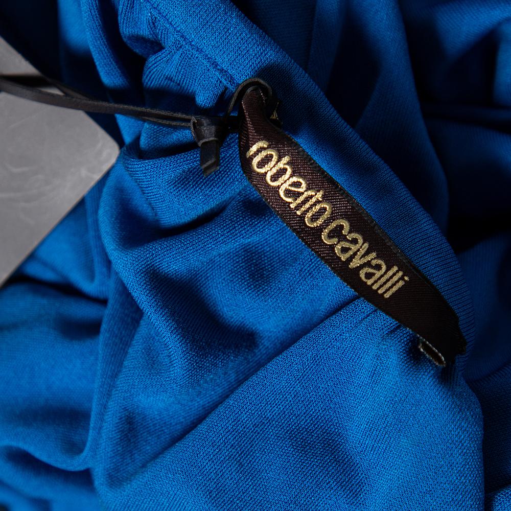 Roberto Cavalli Blaues Jersey-Kleid mit kalten Schultern und Quaste und detailliertem Gürtel M Damen im Angebot