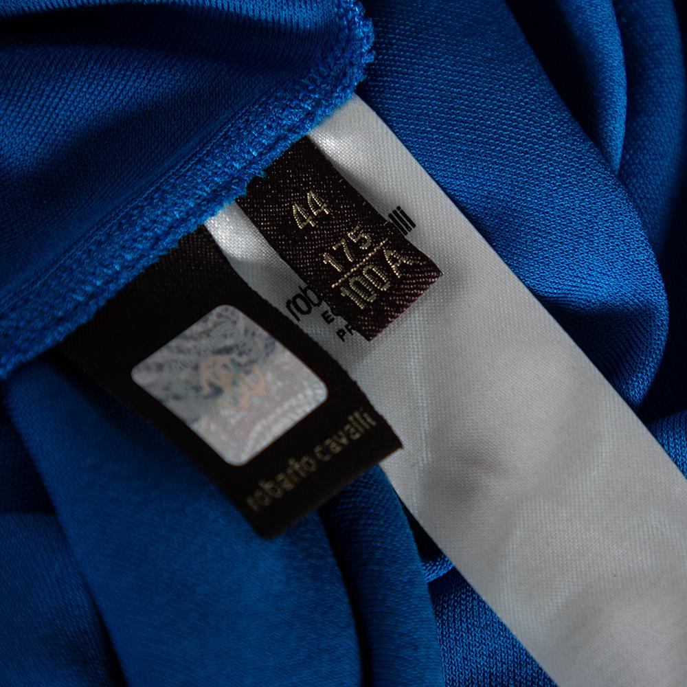 Roberto Cavalli Blue Jersey Cold Shoulder Tassel Tie Detailed Belted Dress M For Sale 1