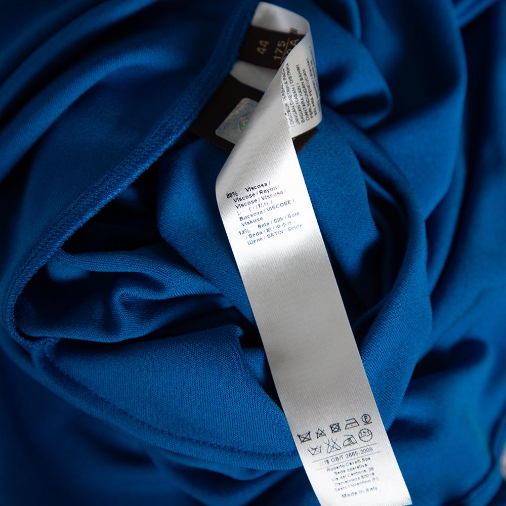 Roberto Cavalli Blue Jersey Cold Shoulder Tassel Tie Detailed Belted Dress M For Sale 2