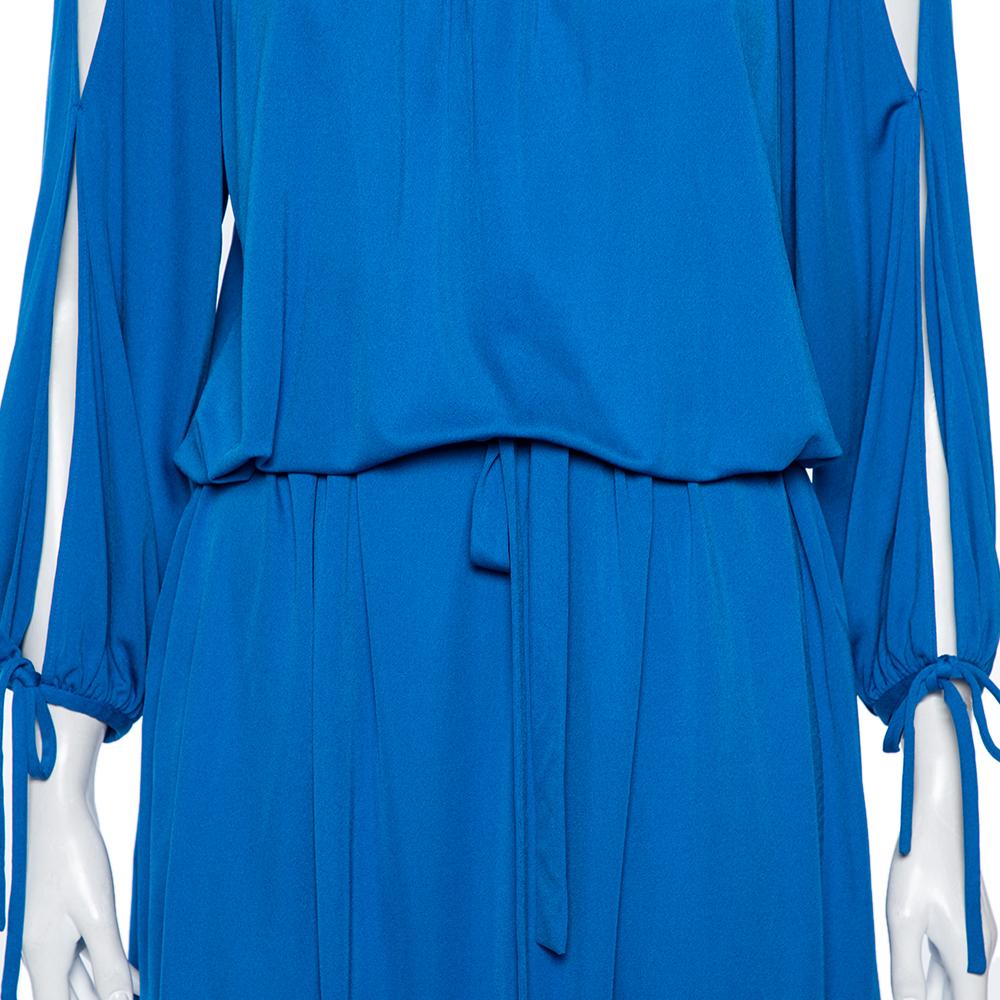 Roberto Cavalli Blue Jersey Cold Shoulder Tassel Tie Detailed Belted Dress M For Sale 3