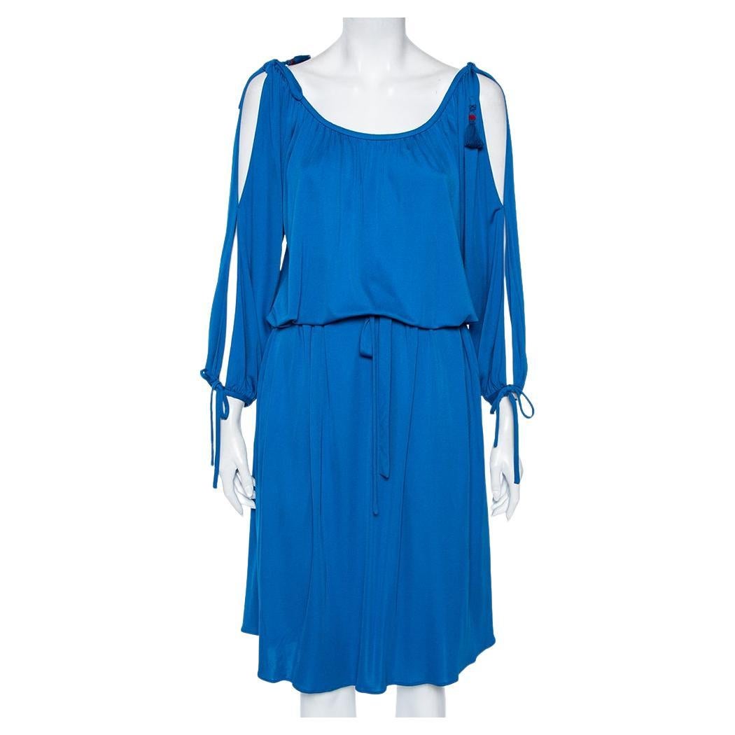 Roberto Cavalli Blaues Jersey-Kleid mit kalten Schultern und Quaste und detailliertem Gürtel M im Angebot