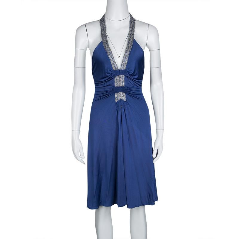 Roberto Cavalli Blue Knit Bead Embellished Halter Dress M In Good Condition In Dubai, Al Qouz 2