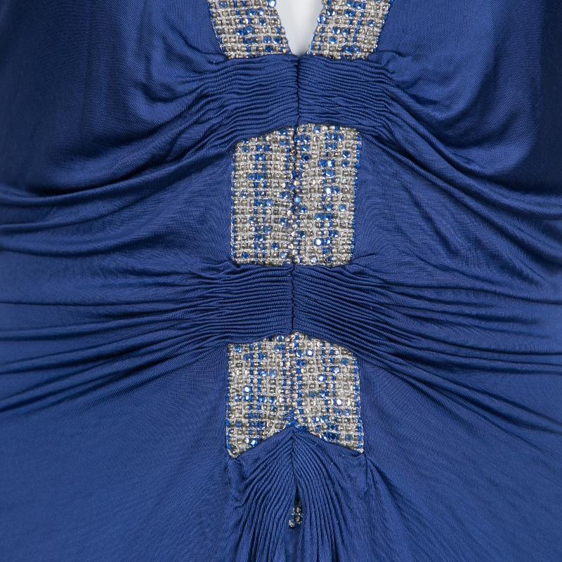 Women's Roberto Cavalli Blue Knit Bead Embellished Halter Dress M