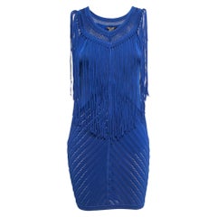 Roberto Cavalli Blue Knit Fringed Sleeveless Mini Dress M