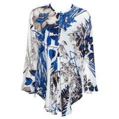 Roberto Cavalli Blue Leaf Print Silk Button Front Blouse L